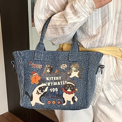 New Japanese-style dog tote bag, cute cartoon denim canvas handbag, student portable lunch box bag handbag details Picture