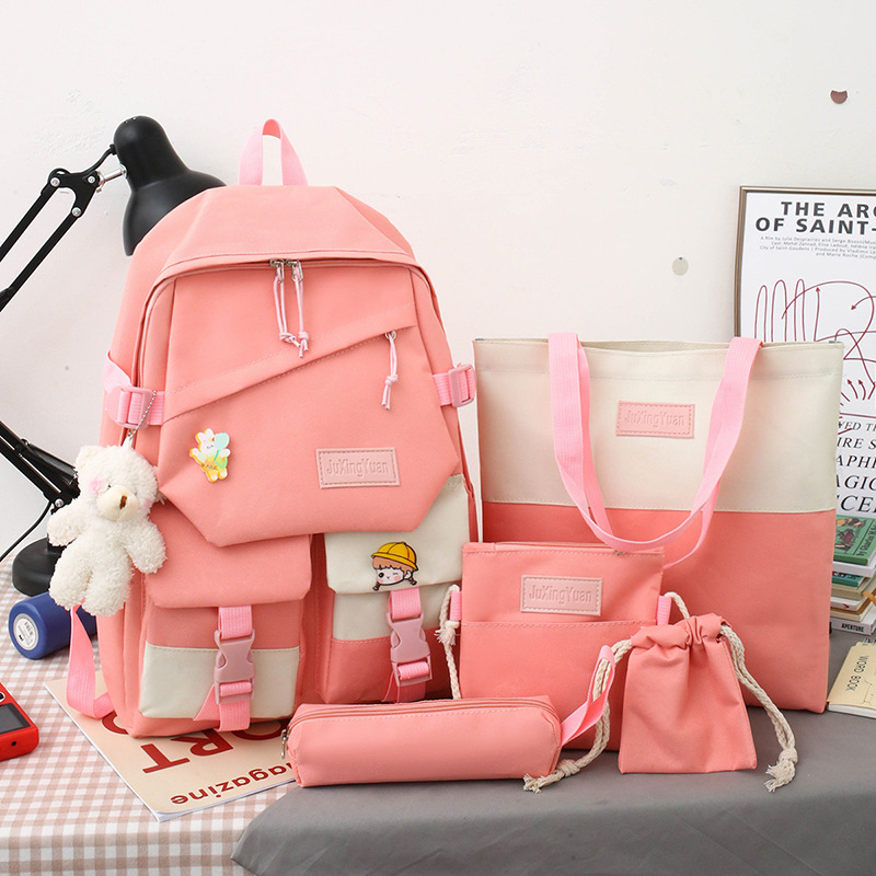 Five-piece set of schoolbag for middle school girls, Korean style Instagram Harajuku Hong Kong-style large-capacity canvas backpack for junior high school students Specification drawing