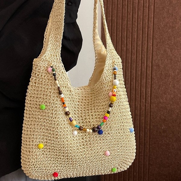 Laid-back seaside commuter single-shoulder tote bag, vacation woven bag, women's summer colorful dot cutout underarm bag, large capacity Specification drawing