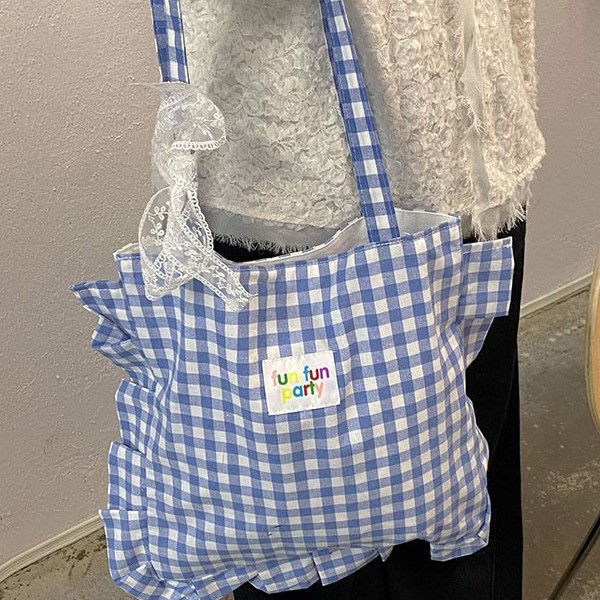 Korean checkered canvas bag for women's summer 2025 new style, trendy school style tote bag, casual large-capacity single-shoulder bag Specification drawing