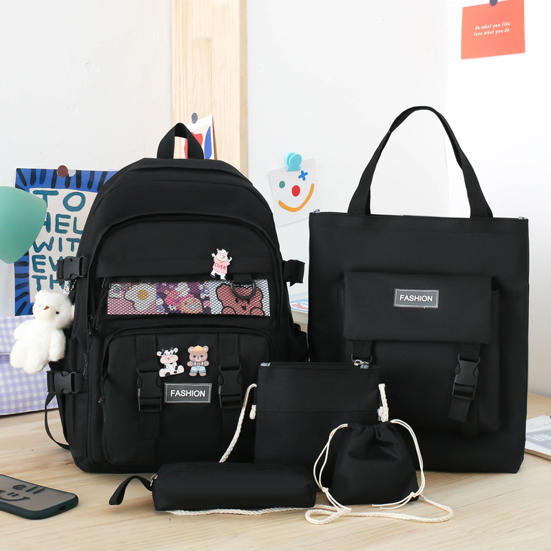 New five-piece schoolbag set for girls, Korean style Harajuku color block, large-capacity junior high school backpack, middle school backpack Specification drawing