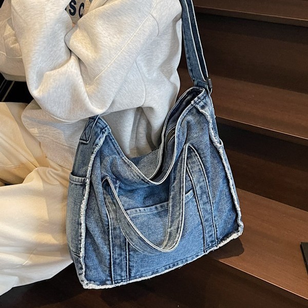 Spring 2025 new vintage denim bag, large-capacity cross-border women's single-shoulder hand-carry commuter bag, Tote ladies' bag Specification drawing