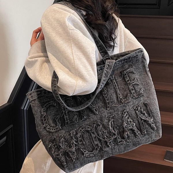 Fashionable and versatile hand-held denim tote bag with fabric fringes and letters, large-capacity single-shoulder bag, casual and cool Application Scenario