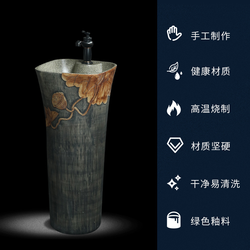 Ceramic one-piece floor-standing column washbasin, retro art, homestay household washbasin, balcony sink column basin Application Scenario