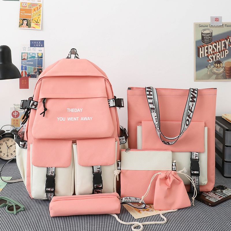 New nylon schoolbag five-piece set, fashionable Korean-style backpack, junior high school backpack, college student backpack, girls wholesale details Picture