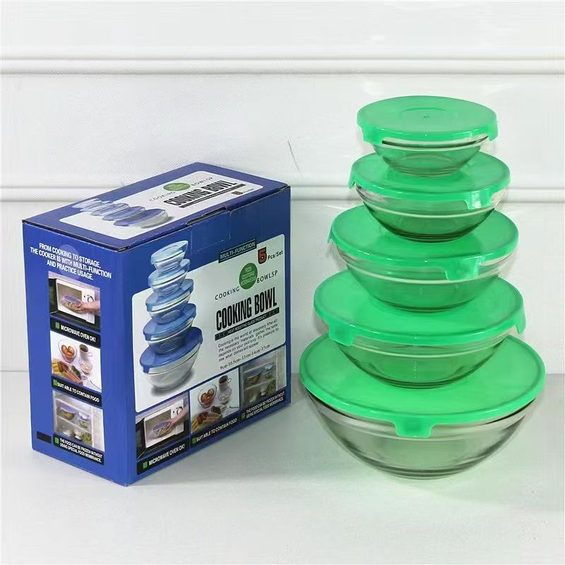 Five-piece set of glass food storage container, five-color lid glass bowl, five-piece set of color box lid food storage bowl details Picture
