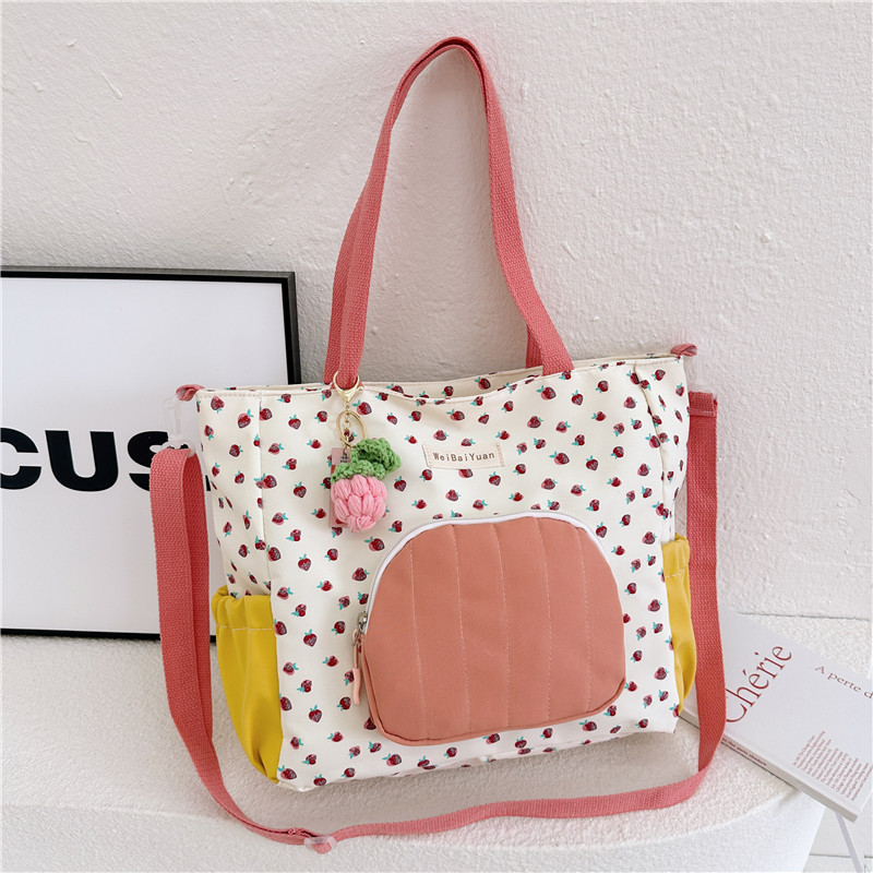 2024 New Japanese-style fresh and light fabric bag, tote bag, strawberry large-capacity single-shoulder crossbody bag, college student class bag details Picture