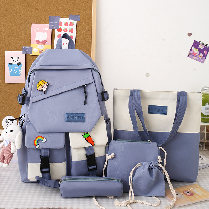 Five-piece set of schoolbag for middle school girls, Korean style Instagram Harajuku Hong Kong-style large-capacity canvas backpack for junior high school students full figure