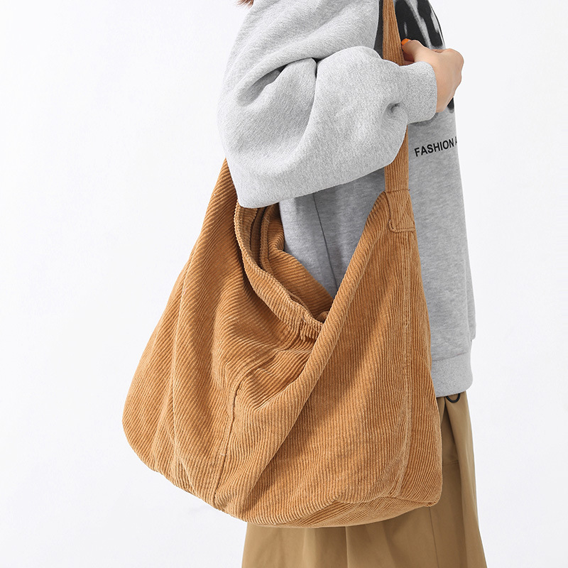 Corduroy fabric bag, Japanese-style simple large-capacity crossbody bag, simple and artistic single-shoulder bag, solid-color tote bag for college students details Picture