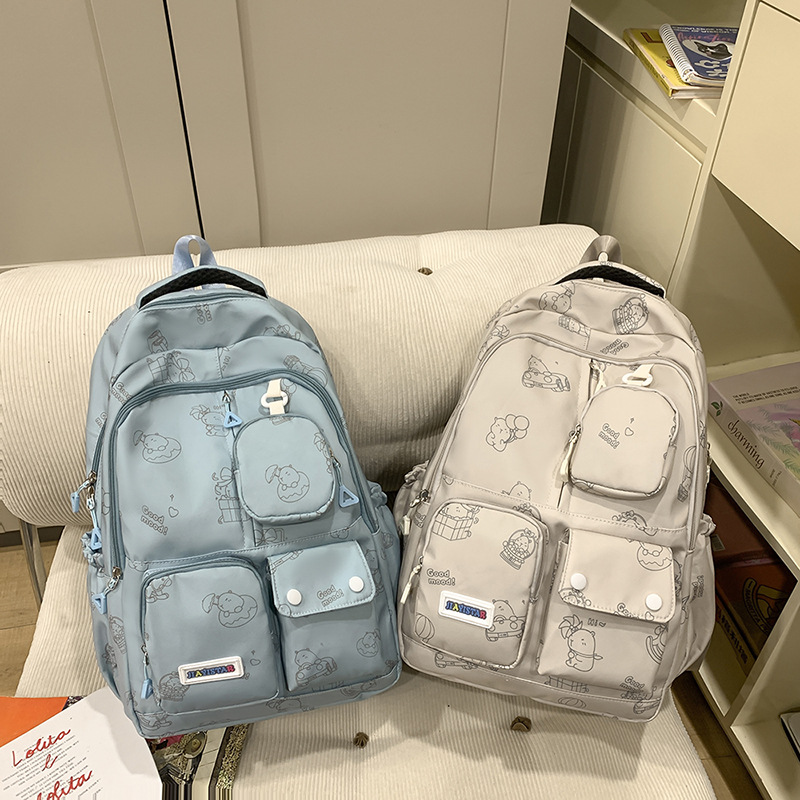 The new style of schoolbag for girls is cute and has a large capacity. It features a cartoon print backpack with multiple pockets, a coin purse and a practical backpack Specification drawing