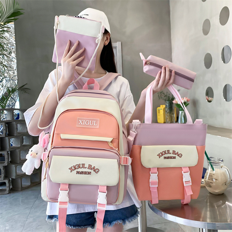 A large-capacity schoolbag for junior and senior high school students, a fashionable color-blocking Korean-style backpack with high appearance standards, a four-piece set of girls' tutorial bags details Picture