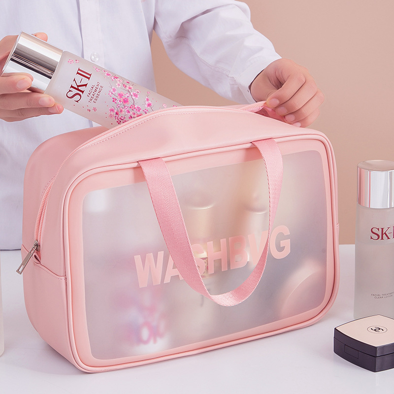 Simple hand-held large-capacity portable travel transparent toiletry bag, Pu waterproof matte makeup bag, cosmetics storage bag full figure