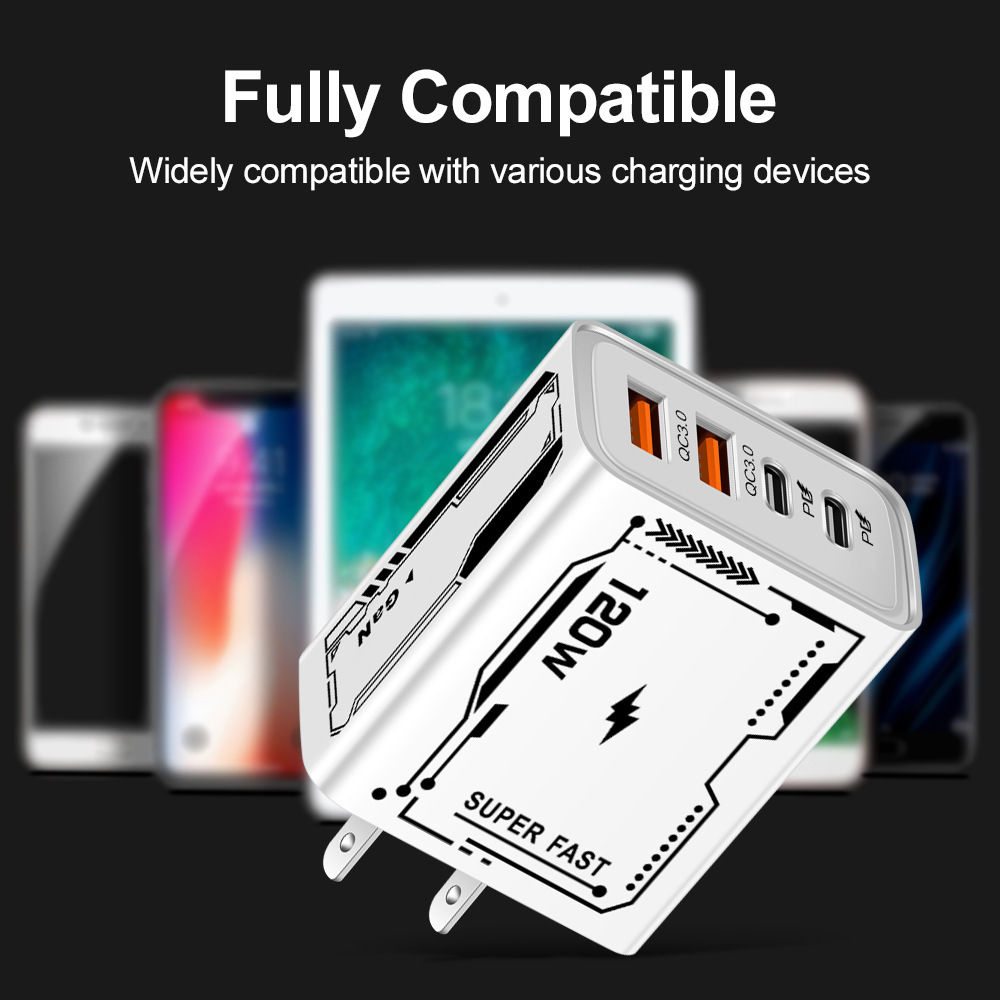 The 120W dual PD+ dual USB charger is compatible with dual Type-C smart fast charging heads for iPhone 15 and Huawei phones Specification drawing