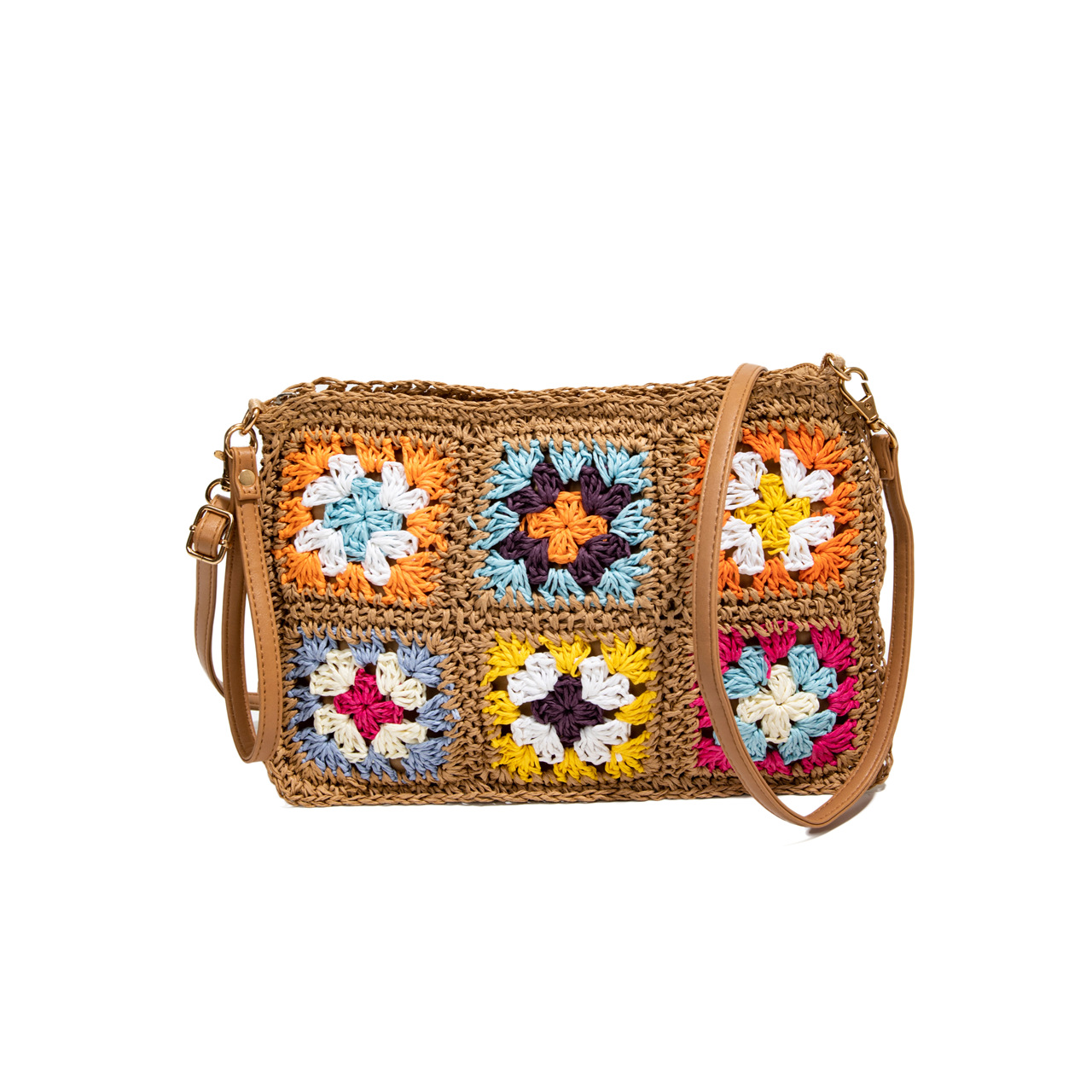 Cross-border fresh and simple knitted grandmother pattern crossbody straw woven bag, new color-blocking single-shoulder straw woven bag, women's beach bag Item Picture