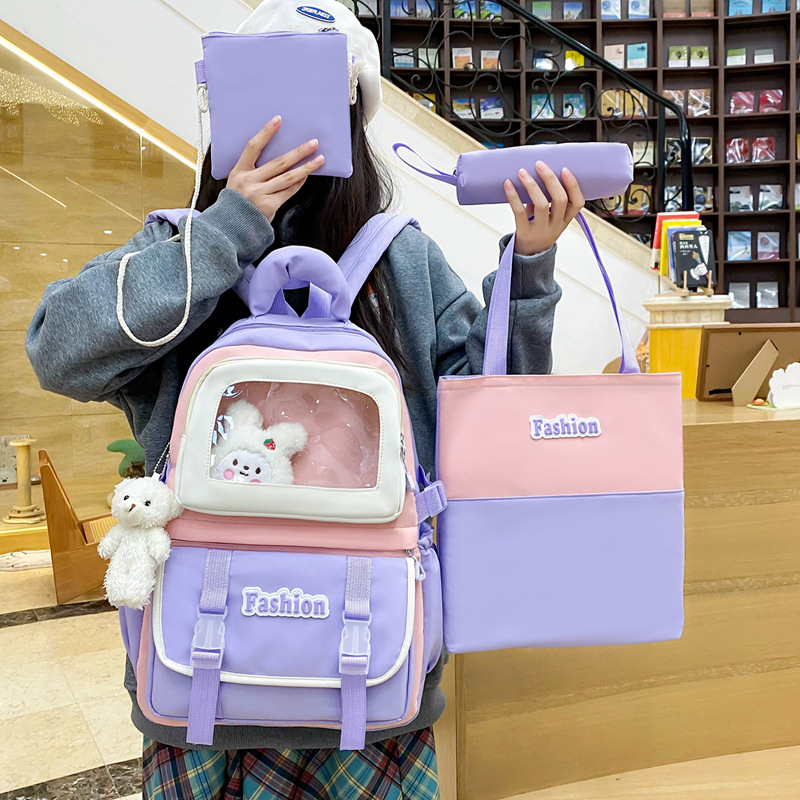 New forest-style versatile backpack for girls, four-piece set, large capacity, high appearance level, cute, lightweight and comfortable bag for middle school students details Picture