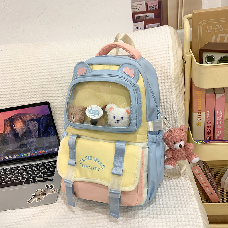 A fresh and simple color-blocking pain bag with large capacity, casual and lightweight student backpack, an Instagram Korean version cute backpack for girls Specification drawing
