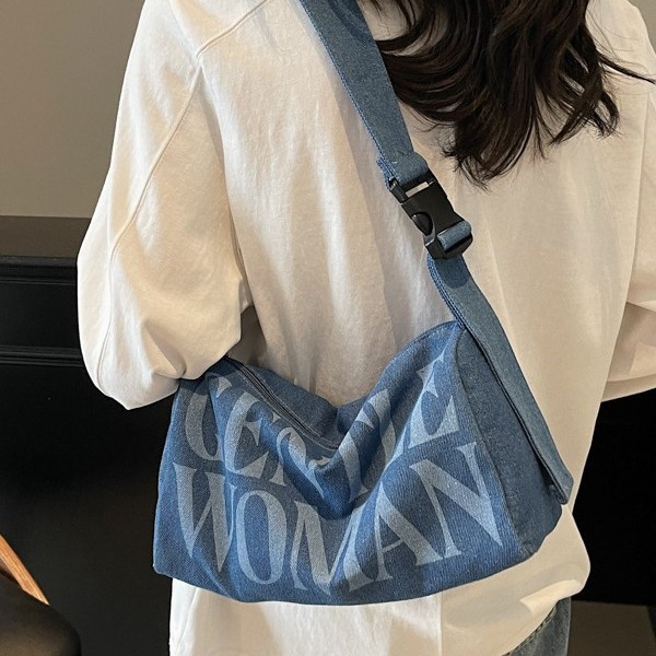 Letter denim bag for Women 2025, a new casual and fashionable style, versatile crossbody pillow bag, commuting bucket single-shoulder bag details Picture