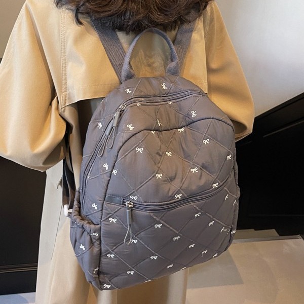 Cotton-padded jacket backpack for women, 2025 New trendy Korean style bow embroidery schoolbag, large-capacity casual and lightweight backpack Specification drawing