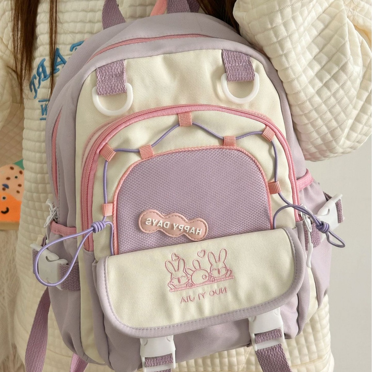 A new Korean version of a niche color-blocking cute backpack for women, a large-capacity casual backpack for students, and a lightweight travel backpack Specification drawing