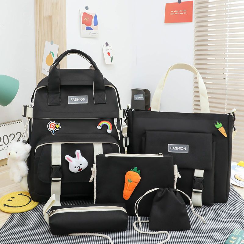 Five-piece schoolbag set for girls in Korean color contrast Harajuku, large-capacity hand-held backpack, lightweight for primary school students' shoulders, cross-border wholesale details Picture