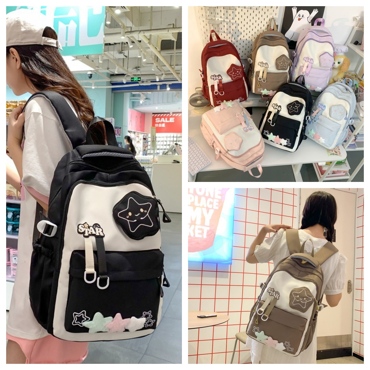 Cute star girl schoolbag, simple and large-capacity junior high school backpack, high appearance level, dirt-resistant campus backpack full figure