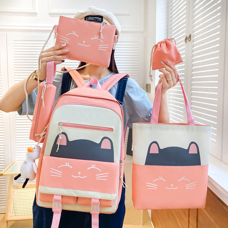 Five-piece set of schoolbag for primary school students, cute cartoon cat backpack for girls, lightweight and large-capacity casual backpack for junior high school students Specification drawing