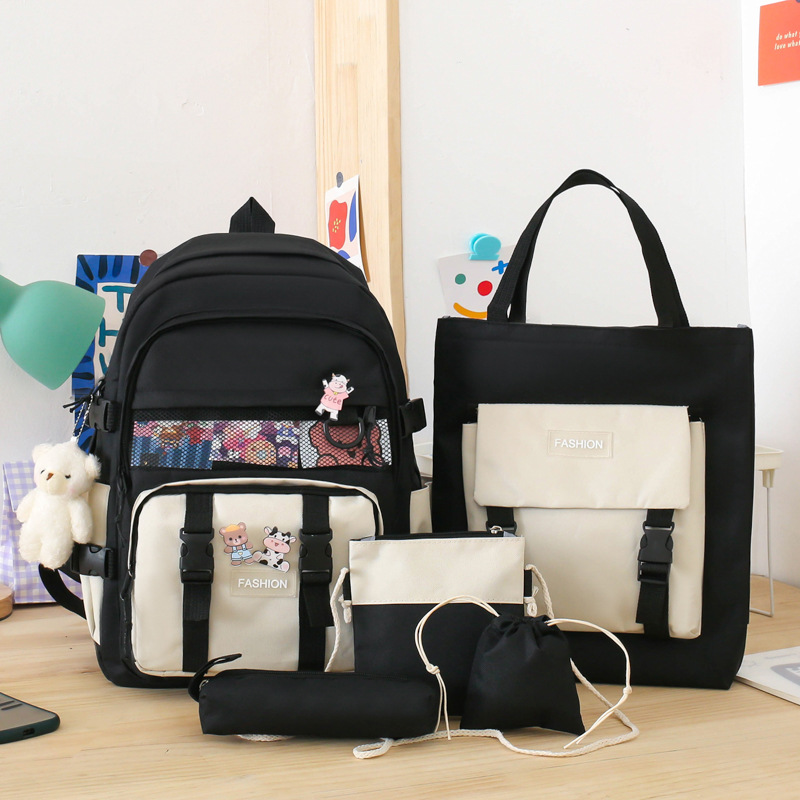 New five-piece schoolbag set for girls, Korean style Harajuku color block, large-capacity junior high school backpack, middle school backpack Application Scenario