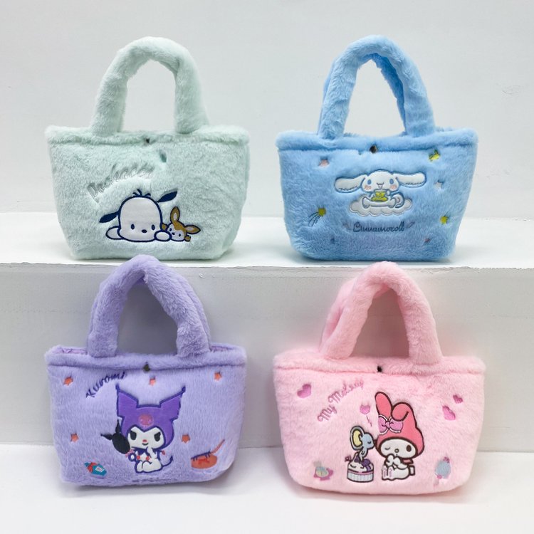 Wholesale of new colorful Sanrio handbag, Cinnamon Dog, Kuromi and Melody plush toy wrist bag full figure