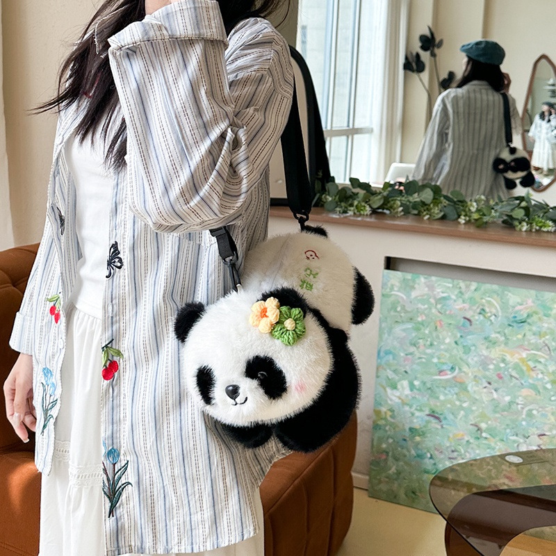 New cartoon flower panda single-shoulder crossbody backpack, large-capacity plush doll bag, claw machine doll exchange and wholesale details Picture