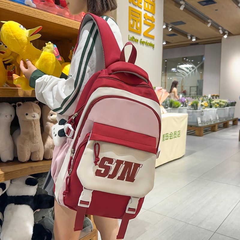 American retro color-blocking schoolbag for girls, Korean version of ins school style student backpack, large-capacity travel backpack for men details Picture