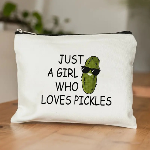 Cross-border temu best-selling cucumber letter linen double-sided printed cosmetic bag, storage bag, women's multi-functional zipper bag Specification drawing
