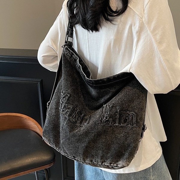 2025 New style pure beige retro fringed washed embroidered letter denim backpack, large capacity ins single-shoulder bag for women details Picture