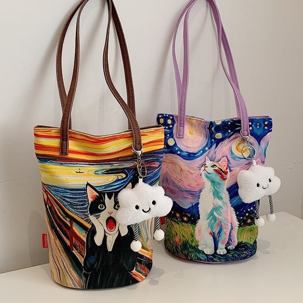 Printed cartoon fabric bag, Japanese-style single-shoulder bag, single-shoulder bag, tote bag, autumn and winter ins bucket bag, cute fabric Application Scenario