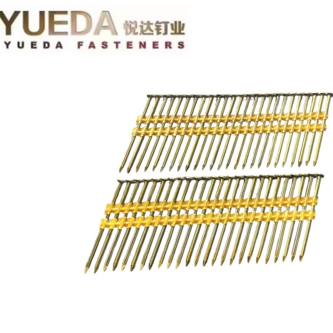 21-degree plastic row, electroplated color zinc, over-yellow paint plastic row nails, factory direct supply, export quality wholesale price full figure