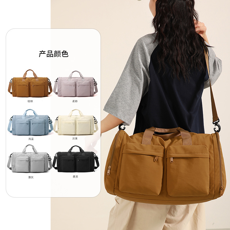 Water-resistant nylon fitness bag, solid color, simple, multi-pocket, foldable luggage bag, dry and wet separation travel bag details Picture