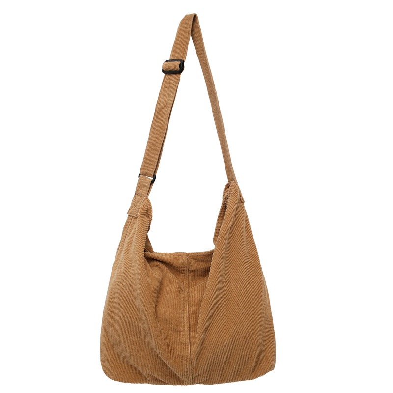 Corduroy fabric bag, Japanese-style simple large-capacity crossbody bag, simple and artistic single-shoulder bag, solid-color tote bag for college students Item Picture