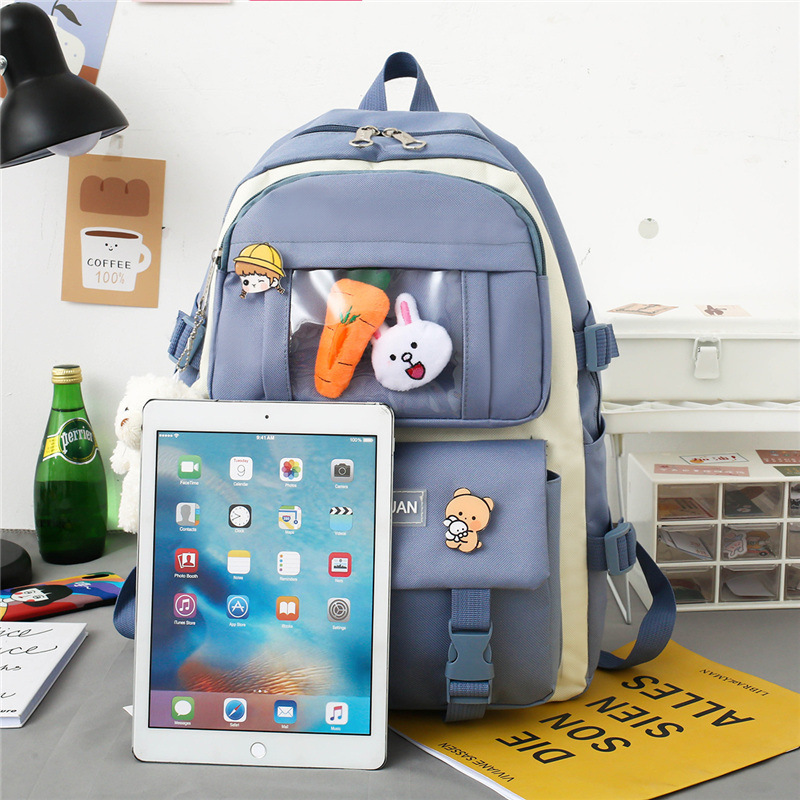 New five-piece canvas student backpack for girls, Korean version Harajuku large-capacity campus backpack, cross-border wholesale Application Scenario