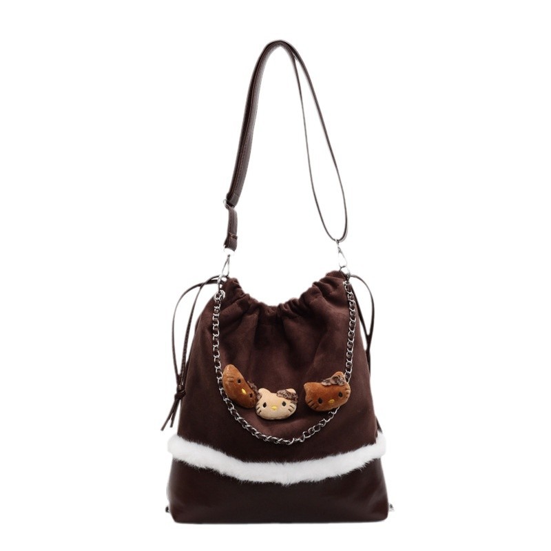 Multi-functional KT cat solid color crossbody bag, fabric bag, autumn and winter tote bag, Korean style versatile, Japanese style drawstring opening, niche backpack Item Picture