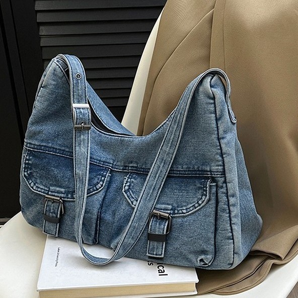 Large-capacity tote bag, simple and casual travel large bag, women's 2025 summer new style high-end denim crossbody bag Specification drawing