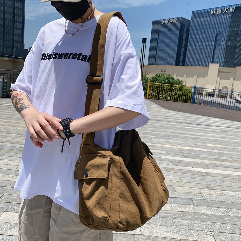 Lazy sail fabric bag, ins Japanese retro, simple and artistic, single-shoulder bag for women's personality, wide shoulder strap crossbody bag details Picture