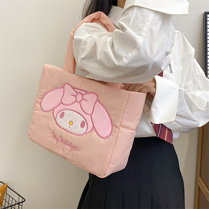 New cartoon cute down fabric handbag, Pacha Dog shoulder bag, Melody Kuromitot bag wholesale version Application Scenario