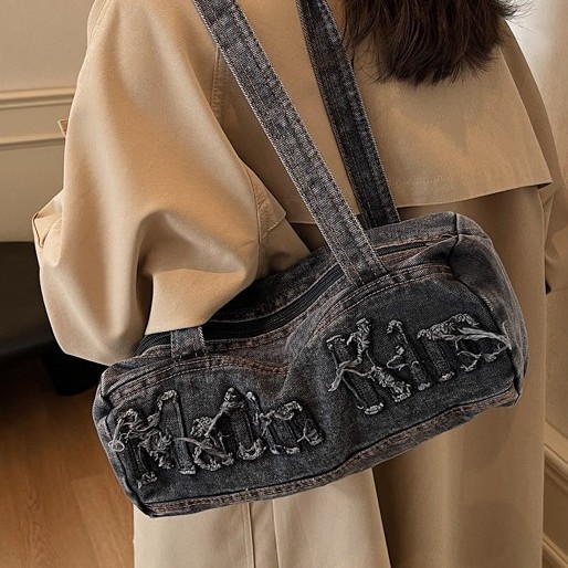 Korean washed denim casual women's bag 2024 new autumn trend letter handbag, retro shoulder bag Specification drawing