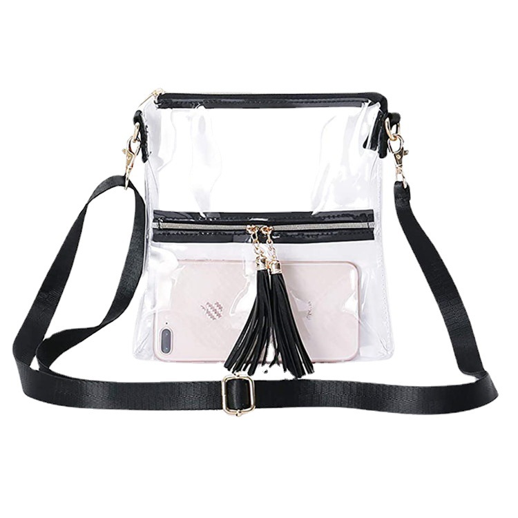 Cross-border transparent tassel small crossbody bag stadium approved front zipper pocket and adjustable shoulder strap processing customization Item Picture