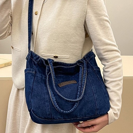 Artistic style double magnetic buckle single-shoulder bag, fabric bag, artistic Korean-style niche large bag, single-shoulder bag, denim crossbody bag details Picture