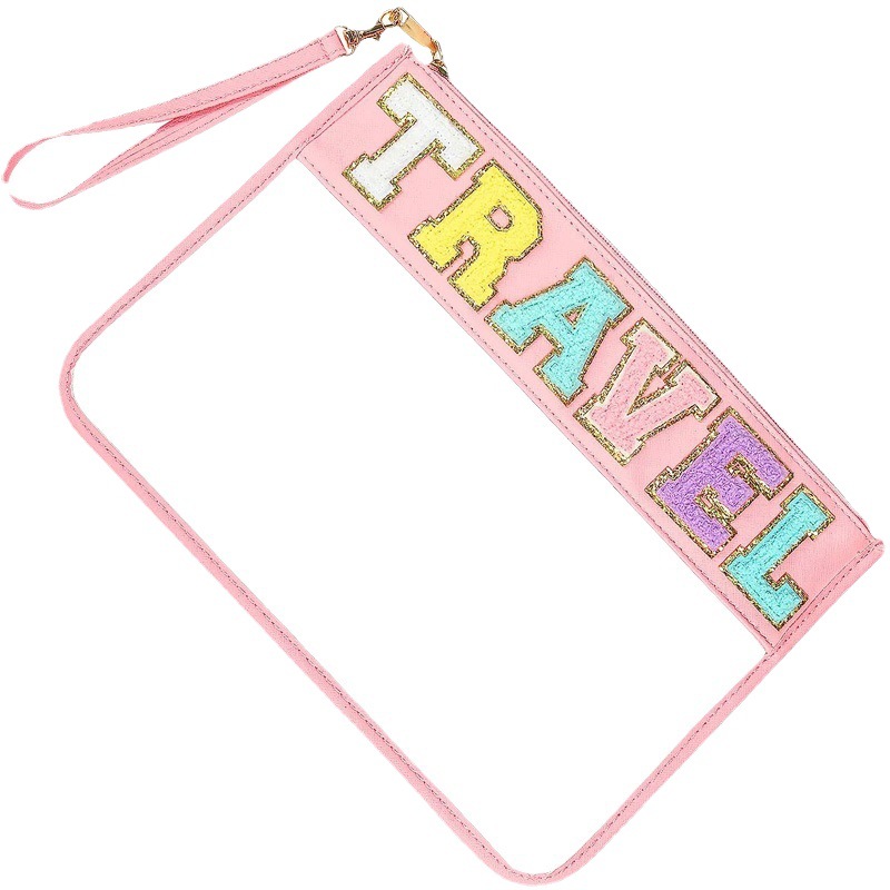 Amazon towel embroidered letter cosmetic bag, transparent pvc waterproof hand-held toiletry bag, portable zipper bag, large Item Picture