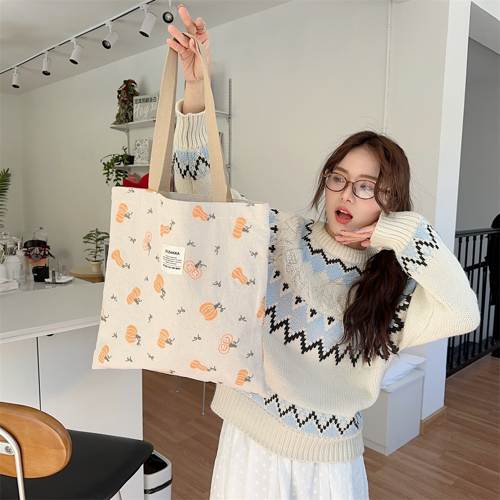 43204 Pumpkin embroidered canvas bag for women, Instagram Korean-style college student schoolbag, single-shoulder hand-carried bag Specification drawing