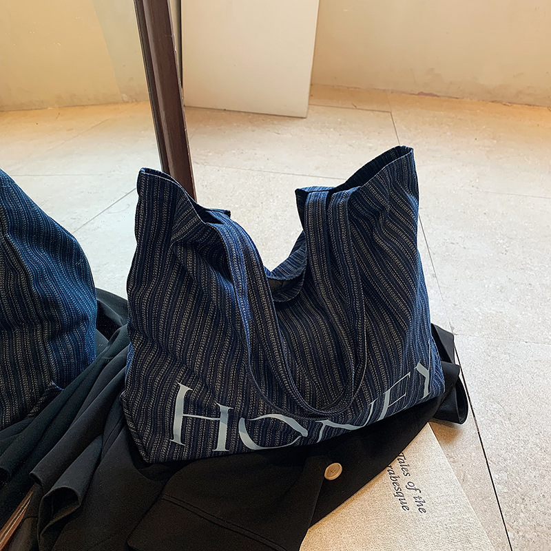 Korean-style fashionable casual letter bag, large-capacity single-shoulder crossbody bag, denim striped canvas bag, versatile commuting bag for women details Picture