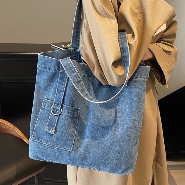Retro denim bag for women, large-capacity single-shoulder hand-carry shopping bag, niche artistic Japanese and Korean casual and versatile tote bag details Picture