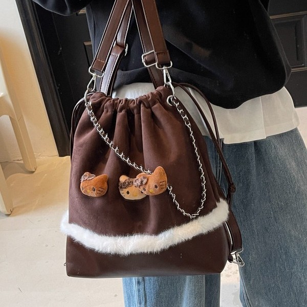 Multi-functional KT cat solid color crossbody bag, fabric bag, autumn and winter tote bag, Korean style versatile, Japanese style drawstring opening, niche backpack Specification drawing