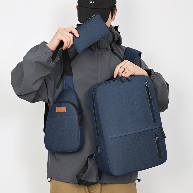 Cross-border solid-color student schoolbag, casual backpack, men's simple backpack, three-piece set, multi-functional USB computer bag Specification drawing